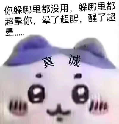 图片中是一个可爱的卡通角色，有着白色的面部、紫色的耳朵、大大的圆形眼睛、泛红的脸颊和小巧的嘴巴，额头上方有“真诚”二字。角色上方配有文字：“你躲哪里都没用，躲哪里都超晕你，晕了超醒，醒了超晕……”。整体风格呆萌搞笑，通过重复且略带无厘头的文字，营造出一种执着又令人哭笑不得的调侃氛围。