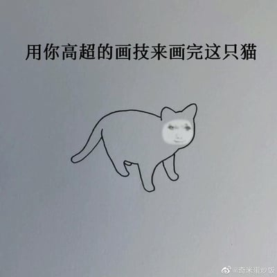 一张搞笑风格的图片，上方配有文字'用你高超的画技来画完这只猫'。图片主体是一个简单的猫的简笔画轮廓，但猫的头部被替换成了一张人类的脸，形成了滑稽的视觉效果。这种将人类面部特征与动物身体结合的创作方式，产生了强烈的反差萌和幽默感。