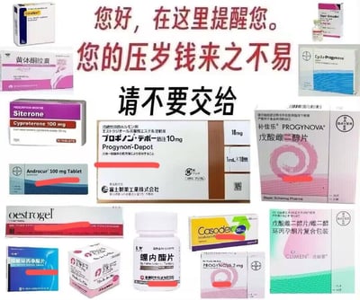 图片中央以红色和黑色醒目文字显示“您好，在这里提醒您。您的压岁钱来之不易 请不要交给”，周围环绕着多种药物包装盒，包括黄体酮胶囊、补佳乐（戊酸雌二醇片）、Siterone、Androcur等，药物包装上有中、英、日文等多种文字说明。整体构图以文字为核心，药物包装作为视觉辅助，形成强烈的警示效果。