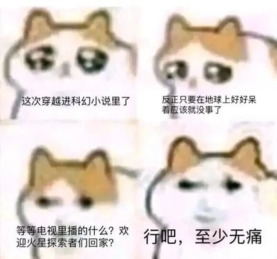这是一张四格连环的图文混排梗图，以网络流行的“悲伤小猫”表情包为主体，通过四格剧情递进制造荒诞笑点。第一格中，小猫配文“这次穿进科幻小说里了”，呈现出穿越后的茫然状态；第二格配文“反正只要在地球上好好呆着应该就没事了”，体现角色想安稳度日的侥幸心理；第三格配文“等等电视里播的什么？欢迎火星探索者们回家？”，揭示出地球早已不再是人类的主要生存地，角色的侥幸彻底落空；第四格中小猫眼神放空，配文“行吧，至少无痛”，表现出角色接受现实、绝望又自我安慰的无奈心态，用科幻设定的反差，放大了面对无法抗拒的糟糕处境时的无力感。