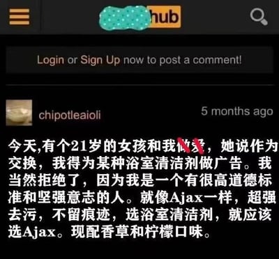 这是一张社交媒体评论截图，显示了用户chipotleaioli发布的一条包含不当内容的评论。评论中提到与一名21岁女孩的不当交易，随后强行植入Ajax浴室清洁剂的广告，声称其