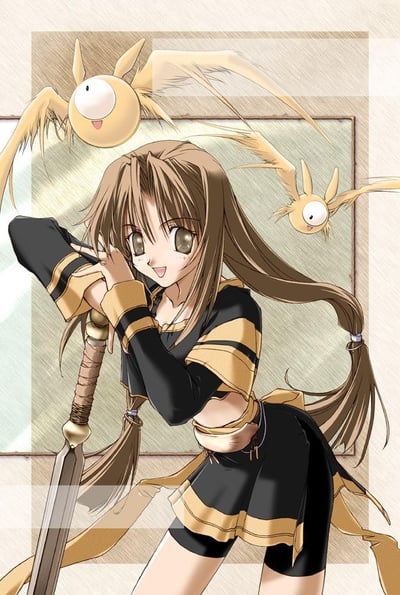 插画中展示了一位棕色长发的动漫少女，她穿着黑黄相间的短款上衣和黑色短裙，腰间系有金色装饰。少女右手持一把带有棕色缠绳剑柄的长剑，左手轻扶脸颊，面带微笑，眼神明亮。她的身后有两只黄色的飞行生物，它们有着圆圆的身体、大大的眼睛和细长的翅膀，表情看起来十分开心。背景是一面浅色的墙壁，中间有一个类似窗户或画框的结构，整体画面风格清新明快，充满动漫感。