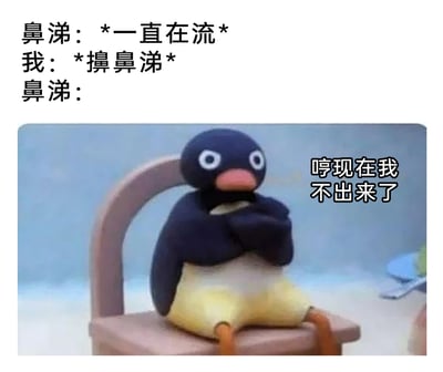这是一张经过二次创作的搞笑表情包，通过三段式对话还原了人们感冒时遇到的哭笑不得的小尴尬：一开始鼻涕止不住地流，当自己擤完鼻涕后，原本一直流淌的鼻涕却像闹别扭一样“藏了起来”不再流。图中用《企鹅家族》里Pingu抱胸赌气的拟人化形象来代表鼻涕，生动又诙谐地吐槽了这种生活里的真实小场景，让人感同身受又觉得好笑。