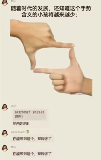 这是一张QQ群聊截图，图的上方首先发布了文字“随着时代的发展，还知道这个手势含义的小孩将越来越少：”，下方配有一左一右两只手分别伸出食指和拇指、共同比出矩形方框的手势图，该手势原本的常用含义是模拟相机取景来确认范围，或是早年小孩玩模拟拍照游戏时的动作。下方群聊界面中，网友“手艺”回复“纳西妲的E”，将这个矩形手势和游戏《原神》中角色纳西妲的元素战技（E技能）释放时展开的方形领域形态联系起来，随后另外两名网友都回复“你能想到这个，我释怀了”，调侃老手势被赋予了游戏相关的新含义，充满趣味。