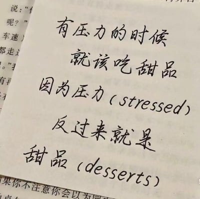 一张手写在纸张上的文字图片，内容为：'有压力的时候就该吃甜品 因为压力（stressed）反过来就是甜品（desserts）'。图片通过英文单词'stressed'（压力）与'desserts'（甜品）的字母顺序反转这一巧妙的文字游戏，以轻松幽默的方式传达了用甜品缓解压力的生活态度，文字为黑色手写体，背景隐约可见其他印刷文字的边缘。