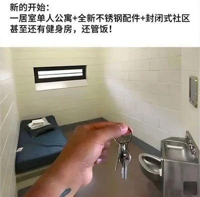 图片上半部分是文字“新的开始：一居室单人公寓+全新不锈钢配件+封闭式社区 甚至还有健身房，还管饭！”，下半部分是一张监狱牢房的照片，牢房内有一张单人床、一个带不锈钢配件的马桶和洗手池，以及一扇带栏杆的小窗户。一只手拿着钥匙伸向牢房，通过将监狱生活用“豪华公寓”的词汇进行描述，形成强烈反差，制造幽默讽刺效果。