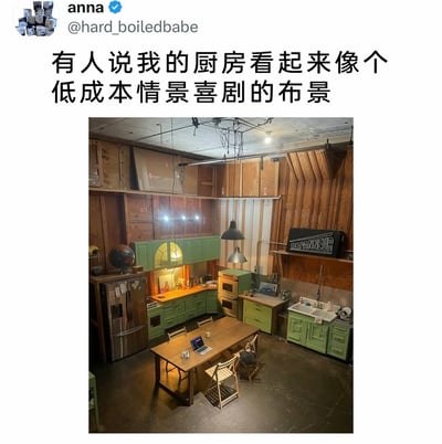 这是一张来自社交平台X（原Twitter）的截图，用户anna（账号@hard_boiledbabe）分享了自己的创意厨房，并配文“有人说我的厨房看起来像个低成本情景喜剧的布景”。该厨房的设计极具戏剧感：空间上层是未完工的木质板材、裸露的管线和舞台式灯光，营造出影视布景的“虚假感”；下层则是功能完整的复古风格厨房区域，包含绿色橱柜、不锈钢冰箱、烤箱、双槽水槽等设施，还有一张摆放着笔记本电脑的木质餐桌。上下层的视觉反差让整个空间看起来如同搭建的情景喜剧布景，充满了荒诞又复古的创意趣味。