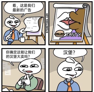 这是一组四格卡通漫画，描绘了职场中广告策划偏离核心需求的乌龙场景：第一格，穿蓝衬衫系橙色领带的广告策划员工，得意地向同事展示汉堡的最新广告；第二格呈现广告内容：画面主体是白人与黑人的暧昧亲吻画面，下方配有汉堡图案和英文“TASTY”字样；第三格，穿绿色上衣的公司管理者（或审核者）双手托着下巴，满脸怀疑地询问策划员工，这个广告是否能带动汉堡销量；第四格，策划员工露出疑惑的表情，歪头反问“汉堡？”，显然他在设计广告时完全忽略了汉堡这个核心产品，将重点放在了无关的暧昧画面上，完全误解了工作需求，制造出荒诞的职场笑点。