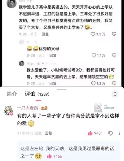 这是两张不同社交平台的评论拼接截图，上方是浙江IP的用户Mia小米的发言，她称自己的儿子是学渣，高中是花钱买进的，上学态度积极人缘好，高考分数不理想后又花钱供他读大专，儿子依旧开心上学，她还补充说儿子小时候考9分自己也觉得他很可爱，该系列发言收获了大量点赞；下方是另一带有LV5等级标识的社交平台评论区，用户一只大老黍评论称“有的人考了一辈子拿了各种高分就是拿不到这样的爱”，该评论获近万点赞，另有用户这是左左轮回复称这句话是自己见过最恶毒的话之一，双方观点形成鲜明冲突，引发网友对家庭教育观念的讨论。