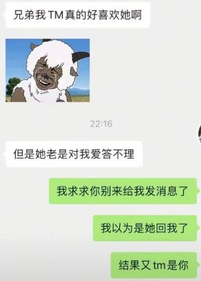 这是一张搞笑聊天记录截图，左侧白色气泡的倾诉者先是向好友感慨自己非常喜欢一个女生，还搭配了一张被修改为人类痛苦表情的沸羊羊表情包，接着吐槽对方总是对自己爱答不理；右侧绿色气泡的回复者则十分崩溃，吐槽倾诉者不要给自己发消息，自己每次收到消息提醒都以为是喜欢的人回复自己，结果每次都是来倾诉烦恼的好友，两个同样受单恋困扰的人形成了搞笑的反差错位感，笑点十足。