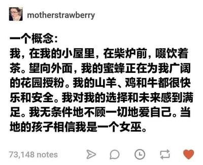 这是一张社交媒体截图，内容为用户'motherstrawberry'发布的一段文字，描绘了一个宁静的田园生活场景：在小屋里的柴炉前啜饮茶水，看着外面的蜜蜂为花园授粉，山羊、鸡和牛都快乐安全，自己对选择和未来感到满足并无条件爱自己。最后一句转折提到当地孩子相信自己是女巫，形成温馨日常与奇幻想象的有趣对比。