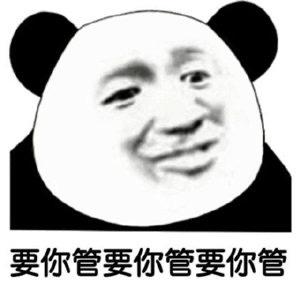 这是一张经典的熊猫头表情包，画面主体为黑白熊猫头部轮廓，内部替换为带有戏谑微笑的人脸表情。图片底部以加粗黑色字体重复显示文字'要你管要你管要你管'，整体传达出一种调皮、不服管的情绪，常用于网络对话中回应他人干涉或质疑时表达不满或调侃。