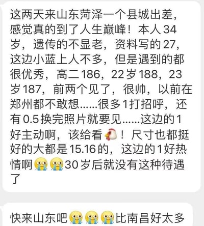 这是两段竖屏手机格式的聊天记录纯文字截图，内容是一位34岁、在交友软件上填27岁的男子分享自己在山东菏泽县城出差时，在同志交友软件「小蓝（Blued）」上的经历：他称遇到的用户多为高个子的年轻优质对象，多位主动示好，甚至有用户换完照片就约见，还隐晦地用公鸡表情和数字「15.16」指代私密部位条件优越，「1」「0.5」是同志圈对角色定位的常用称呼，感叹自己30岁后再没享受过这样的待遇；第二段聊天内容则是号召他人来山东，直言这里的交友体验比南昌好太多。其中的表述属于同志圈内部的隐晦交流方式。