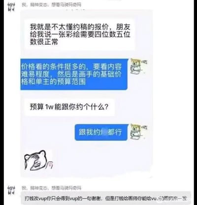 这是一张聊天记录截图，上方和下方有相同的文字“我，精神变态，想看马骑马玛奇玛”。聊天内容显示，用户表示不懂约稿报价，朋友称一张彩绘四位数五位数正常，画师解释价格取决于内容难度、画手基础价和单主预算。当用户问“预算1w能跟你约个什么？”时，画师回复“跟我约啥都行”。底部还有文字“打钱改vup你只会得到vup的一句谢谢，但是打钱给画师你能给vup的图原来...”。整体通过对话调侃约稿预算与画师态度的反差，带有幽默调侃意味。