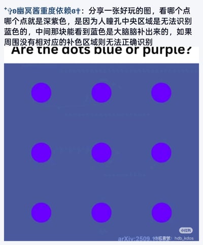整张图为图文混排的视觉错觉科普内容，顶部是用户发布的中文配文，说明该图的视觉效果：人盯着看哪个圆点，哪个圆点就会呈现深紫色，其余圆点看起来偏蓝，原理是人瞳孔中央区域无法识别蓝色，未被注视区域的蓝色感知是大脑脑补产生的，没有对应补色区域就无法正确识别；配文下方有英文问句“Are the dots blue or purple?”，再下方是主体视觉测试图：灰蓝色背景上整齐排列着3行共9个紫色圆形图案；图片右下角带有小红书的标识和相关标注信息。
