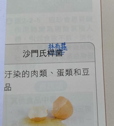 这是一张课本或教学资料页面的照片，主要内容为关于“沙门氏菌”的介绍文字，下方配有一张破碎鸡蛋壳的插图。页面中“沙门氏菌”字样旁用蓝色笔迹手写添加了“林有慧”三个字，形成名字替换的搞笑效果。整体呈现出学生或读者在学习资料上进行趣味涂鸦改编的场景。