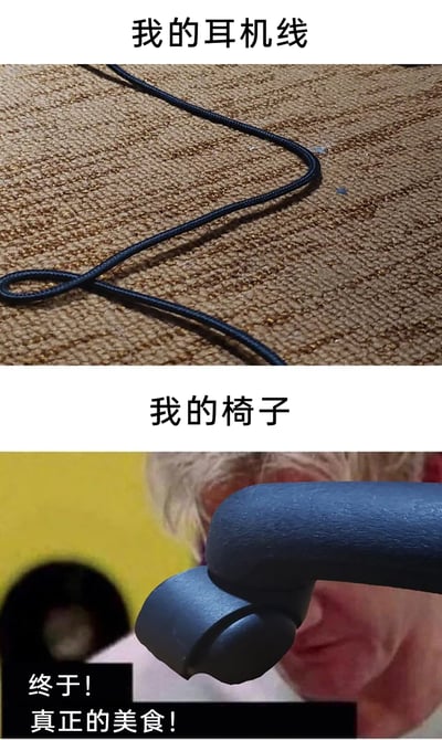 这是一张上下拼接的趣味梗图，上半部分呈现了一根黑色编织耳机线，其打结后的形态类似数字“8”，配文标注“我的耳机线”；下半部分展示了椅子的黑色扶手，从特定视角看酷似入耳式耳机，扶手后方露出半张脸的人物，配文标注“我的椅子”，下方还有白色字幕“终于！真正的美食！”。该图利用视觉错位效果，结合“8（八）”“椅（一）”“美食（美式）”的谐音，将日常物品的巧合形态联想为“八一美式耳机”，通过荒诞的关联制造出搞笑的反差感，调侃生活中偶然出现的趣味巧合。