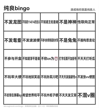 这是一张5×5布局的Bingo趣味测试图，主题为「纯良人」认证，规则是达成任意一条直线（横、竖、斜）即可被称为「纯良人」。图中25个条目均为规避中文网络社区各类亚文化梗、争议行为的准则，比如不发龙图、不知道114514的含义、不参与开盒等，涵盖了当下中文网络里的黑话、梗图、社群争议行为，用调侃的方式划分网络用户的「纯良」程度。