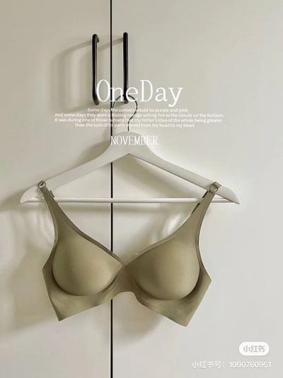这是一张简约风格的静态展示图，画面主体是一件浅卡其色的无痕无钢圈内衣，被悬挂在白色木质衣架上，衣架挂在浅色柜门的黑色U型把手处。图片上方添加了英文标题“OneDay”，下方配有一段关于日落的英文文案，以及“NOVEMBER”字样标注出月份为十一月，整体氛围治愈柔和，旨在展示这款内衣的舒适简约质感。