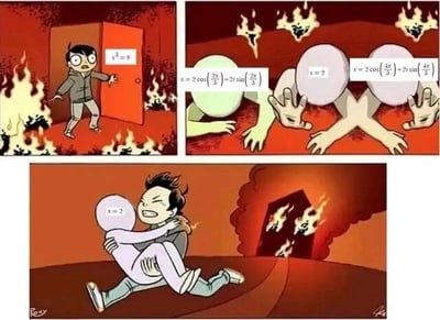 这是一组三格连环卡通改编梗图，采用剧场式构图，改编自经典的“火场选择有用对象”的梗图模板。第一格展示了一个卡通人物身处着火的房间中，面前的门上写着三次方程x³=8，人物面露惊慌，急需找到能解决困境的答案；第二格呈现了该方程的三个解对应的拟人化形象：两个用三角函数形式表示的复数解形象已经趴在地上，如同在火场中被“烧死”，只有简洁的实数解x=2的形象还保持着能行动的状态；第三格则是被困的卡通人物抱着实数解的形象逃离着火的房间。这个梗图用幽默的方式调侃了在实际场景中，复杂的专业解答往往不如简单直接的答案实用，对应三次方程在很多非专业数学场景下，人们只需要实数解即可。其中方程x³=8的三个解都是正确的，实数解为x=2，复数解为x=-1±i√3，图中的三角形式表述准确。