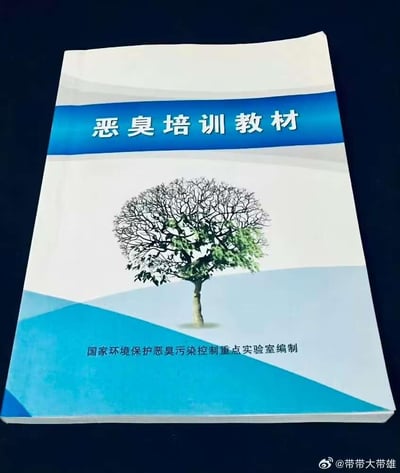 图片展示了一本名为《恶臭培训教材》的书籍封面。封面主体为白色和蓝色渐变设计，顶部有蓝色横条，内书白色标题文字“恶臭培训教材”。中间是一幅独特的树状插图：左侧树枝光秃无叶，右侧则枝叶茂盛呈绿色，形成鲜明对比。底部蓝色区域印有“国家环境保护恶臭污染控制重点实验室编制”的文字。整体设计简洁，突出环保与污染控制主题。