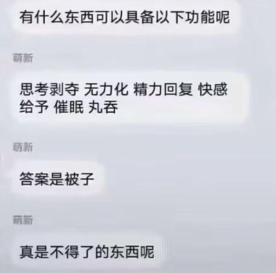 这是一段竖屏格式的聊天记录纯文字截图，以趣味提问的形式展开：首先抛出问题“有什么东西可以具备以下功能呢”，接着列出“思考剥夺、无力化、精力回复、快感给予、催眠、丸吞”这些看似夸张的功能描述，随后揭晓答案是被子，最后感叹“真是不得了的东西呢”。这段内容用脑洞大开的方式，把裹在被子里不想思考、浑身慵懒不想动、睡觉恢复精力、钻被窝的舒适感、让人犯困想睡觉，以及整个人钻进被子像被“吞”进去的状态，对应到这些夸张的功能上，贴切又搞笑地形容了被子对人的强大吸引力，很容易引发网友共鸣。