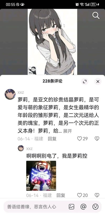 这是一张竖屏的社交媒体评论区截图，上方是一幅扎双马尾、双手捂脸露出害羞神态的二次元萝莉插画；下方是用户「xxz」发布的两条评论：第一条用排比句式狂热赞美萝莉，称其为二次元的瑰宝、正义本身，内容未完全展开；第二条配上被电击的夸张梗图，大喊「啊啊啊别电了，我是萝莉控」，直白又搞笑地表达自己的萝莉控属性，整体充满二次元爱好者的狂热与趣味感。
