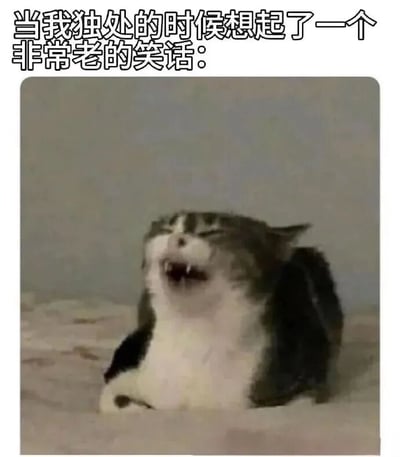 图片上方配有文字“当我独处的时候想起了一个非常老的笑话：”，下方是一只灰白相间的猫，它正躺在浅色的表面上，双眼紧闭，嘴巴大张露出牙齿，表情看起来像是在开怀大笑，整体营造出一种因想起老笑话而独自发笑的轻松搞笑氛围。