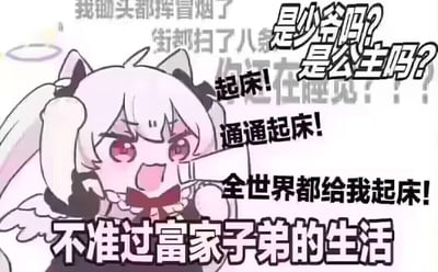 这是一张充满元气的搞笑梗图，画面主体是一位有着白色双马尾、猫耳、背后长着小翅膀的女仆装卡通角色，她眉头紧蹙、嘴巴大张，正处于情绪激动的咆哮状态。图中搭配了层层递进、极具冲击力的文字内容：背景小字写着“我锄头都挥冒烟了 街都扫了八条 你还在睡觉？？？”，前景大字依次是“是少爷吗？是公主吗？”“起床！通通起床！全世界都给我起床！”“不准过富家子弟的生活”。整张图用夸张戏谑的语气，吐槽赖床、躺平的行为，以“拒绝富家子弟式生活”的搞笑说法来强势催促人们起床，风格诙谐接地气，自带满满的活力感。