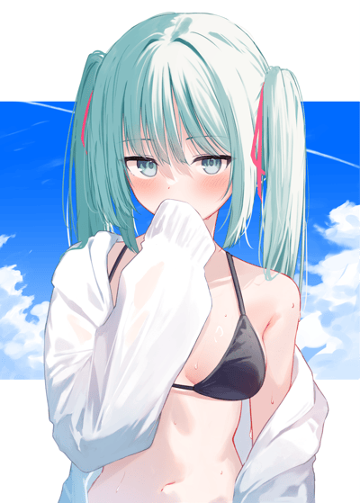 这是一幅二次元同人插画，描绘了虚拟歌手初音未来的夏日形象。她有着标志性的薄荷绿双马尾，发尾点缀粉色挑染，身穿黑色比基尼，外搭宽松白色薄外套，右手抬起捂着嘴，脸颊泛起红晕，身上带着水珠，背景是澄澈的蓝天白云，整体氛围清新柔和，传递出夏日海边的羞涩感。