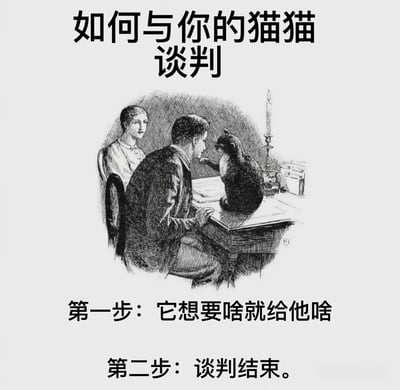 这是一张幽默梗图，上方标题为“如何与你的猫猫谈判”，中间是一幅复古风格的黑白插画，描绘一男一女正与一只猫在桌前进行“谈判”，男人伸手似乎在与猫交流，猫则淡定地坐在桌上。下方文字列出“谈判步骤”：第一步“它想要啥就给他啥”，第二步“谈判结束”。通过夸张的“谈判”场景与简洁的步骤形成反差萌，幽默地表现了猫咪在家中拥有绝对主导地位，人类与猫谈判只能妥协的宠物相处日常。