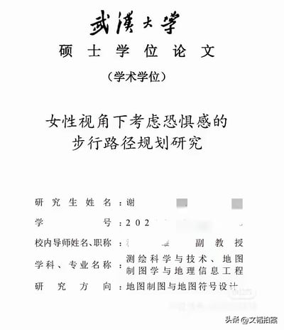 该图片为武汉大学硕士学术学位论文的封面，上方印有“武汉大学 硕士学位论文（学术学位）”字样，主标题为“女性视角下考虑恐惧感的步行路径规划研究”。下方依次标注了研究生姓名（部分信息模糊处理）、学号（部分模糊）、校内导师姓名及职称（副教授，姓名模糊）、学科专业为测绘科学与技术、地图制图学与地理信息工程，研究方向为地图制图与地图符号设计。整体为白底黑字的正式文档格式，底部右侧有水印“头条@文韬拍案”。