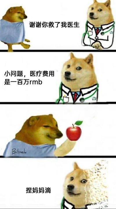 这是一张由四格画面组成的连环梗图，改编自知名的Doge（神烦狗）表情包。第一格中，穿着病号服的Doge狗对着身着白大褂的医生狗作出感谢的动作，配文“谢谢你救了我医生”，表情带着感激；第二格医生狗神态淡定，配文“小问题，医疗费用是一百万rmb”，抛出天价医疗费的设定；第三格病人狗表情狡黠，递出一个红苹果，没有配文，用动作制造反转；第四格医生狗瞬间炸毛，头部出现类似炸开的特效，配文“捏妈妈滴”（谐音脏话“你妈的”，用来表达强烈的愤怒情绪）。整张图通过前后的反差感，用夸张的方式讽刺了天价医疗费用的现象，同时用递苹果的行为对应“天价”的离谱设定，放大了喜剧效果，让医生的愤怒反应更具笑点。