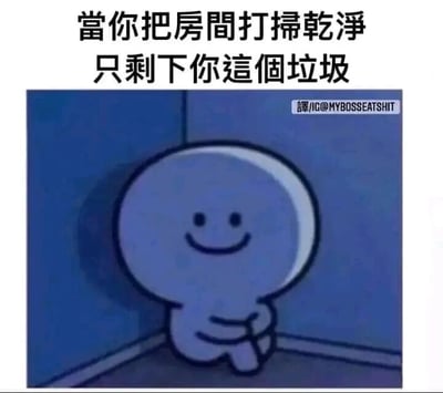 这是一张文字加注类的静态卡通梗图，画面主体是一个浅蓝色的卡通小人，它面带微笑蜷缩在房间的墙角，神态看起来带着一丝无奈。图的顶部配有文字“当你把房间打扫干净，只剩下你这个垃圾”，用自嘲的方式调侃自己，通过强烈的反差感制造幽默效果，将自己比作房间里最后“剩下的垃圾”，是当代年轻人以自我调侃的方式释放情绪的一种表达，容易引发有类似自我调侃心态的用户共鸣。