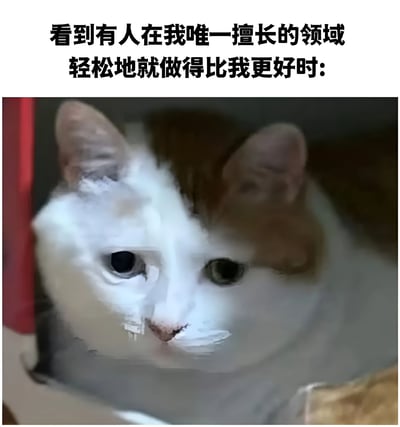 图片上方有黑色文字'看到有人在我唯一擅长的领域轻松地就做得比我更好时:'，下方是一只橘白相间的猫咪从纸箱中探出头，眼神呆滞，表情透露出无奈和失落，整体通过猫咪的表情生动展现了人们在自己唯一擅长领域被超越时的复杂情绪。
