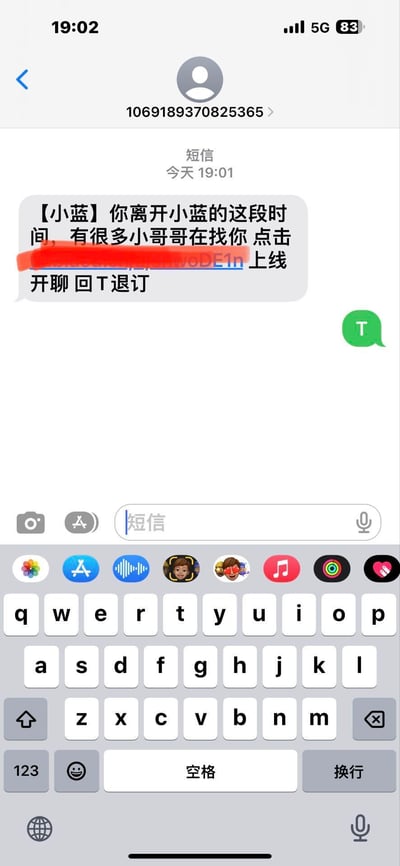 手机短信界面截图，显示一条来自“小蓝”的促销短信。短信发送时间为今天19:01，发送号码为1069189370825365。内容为“你离开小蓝的这段时间，有很多小哥哥在找你 点击[链接]上线开聊 回T退订”，其中链接部分被红色线条遮挡。界面下方可见手机输入法，用户可能正准备回复或查看该短信。