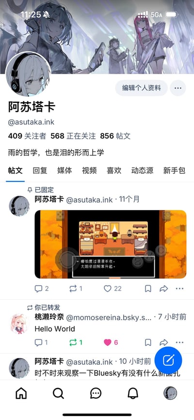 这是一张竖屏手机屏幕截图，内容是社交平台Bluesky用户名为“阿苏塔卡”（账号@asutaka.ink）的个人主页。主页信息显示该用户拥有409名关注者，关注了568个账号，共发布856篇帖文，个人简介为“雨的哲学，也是泪的形而上学”；主页头图是多张二次元风格少女插画，用户头像是戴耳机的银发二次元少女。帖文流中，第一条是11个月前发布的已固定帖文，内容是游戏截图，配文为“哪怕度过漫漫长夜，太阳依旧照常升起。”，互动数据为2条评论、1次转发、22个点赞；第二条是该用户转发了用户桃濑玲奈7小时前发布的内容“Hello World”；第三条是阿苏塔卡10小时前发布的帖文，内容为“时不时来观察一下Bluesky有没有什么新面孔”。界面顶部显示手机状态栏信息，底部是Bluesky平台的导航栏，右下角带有蓝色的发布按钮。