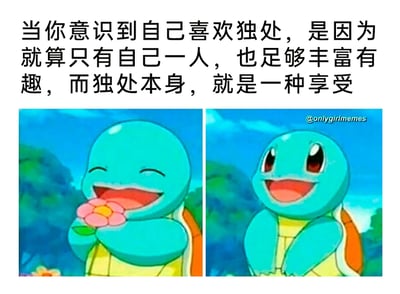 这是一张传递治愈心态的图文混排梗图，上方配有一段点明主题的文字：“当你意识到自己喜欢独处，是因为就算只有自己一人，也足够丰富有趣，而独处本身，就是一种享受”，下方是两张《宝可梦》系列动画里杰尼龟的截图，左侧杰尼龟闭着眼睛，开心地拿着一朵粉色花朵，神态满足惬意；右侧杰尼龟睁大眼睛，双手放在胸前，兴奋地大笑着，两张图里杰尼龟的愉悦状态完美呼应了上方文字所表达的——独处时也能自得其乐、享受其中的正向心态，整体风格轻松治愈，容易引发喜欢独处的人群的共鸣。