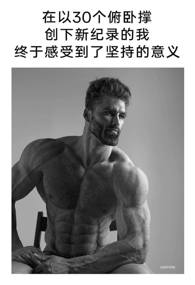 这是一张黑白的图文混排静态图，上方配有励志文字：“在以30个俯卧撑创下新纪录的我终于感受到了坚持的意义”；下方是一位络腮胡男性的半身照，他上身裸露，坐在椅子上，胸肌、肩部、手臂的肌肉线条十分清晰明显，神态沉稳地看向身体侧方，整体画面传递出健身突破自我后，深刻体会到坚持与自律价值的励志氛围，图片右下角带有“SLEEK'N'TEARS”的水印。
