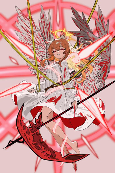 这是一幅《狼与香辛料》角色赫萝的同人创作插画，将原本温柔的贤狼形象重塑为暗黑战斗天使形态：棕发狼耳的赫萝红眸带笑，神态慵懒又桀骜；身后的羽翼半白半灰、沾满血迹，头顶火焰状光环；她手持血色巨弓，弓弦上的光箭散发赤红光芒，周围环绕多支带血光箭，背景是红色魔法阵。画面将治愈系原作角色与暗黑战斗风格结合，视觉冲击力强烈，反差感十足。