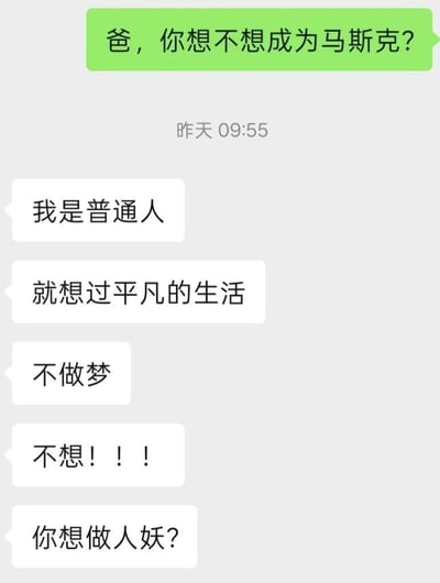 这是一张社交媒体聊天记录截图，上方绿色气泡为子女向父亲发送的提问：“爸，你想不想成为马斯克？”，消息发送时间标注为昨天09:55，下方的白色气泡为父亲的回复，先后发送了“我是普通人”、“就想过平凡的生活”、“不做梦”、“不想！！！”，最后父亲将“马斯克”的发音误听为发音相近的“人妖”，反过来质问子女“你想做人妖？”，前后回复的反差和误会带来的笑点十分突出。