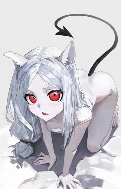 这是一幅AI生成的二次元风格插画，画面中是一位银发猫耳的少女，有着鲜红的眼眸，背后长着黑色的恶魔尾巴，正以跪趴的姿势看向镜头，表情带着一丝懵懂和软萌，整体色调偏清冷柔和，风格精致细腻。