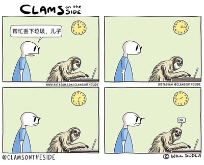 这是一幅四格连环搞笑漫画，以树懒行动迟缓的特性为核心笑点展开：第一格时钟显示6点整，身着蓝衣服的父亲站在正操作电脑的树懒儿子身旁，开口请求儿子帮忙丢垃圾；第二格时钟走到6点15分，父亲仍站在原地等待，树懒依旧专注于电脑操作，没有回应；第三格时钟指向6点30分，父亲的表情变得明显不耐烦，眉头紧皱、脸色难看；第四格时钟显示6点45分，树懒终于抬头微笑着回应“OK.”，而父亲的神情则更加无奈。通过时间的逐步流逝与父子俩的反应对比，放大了树懒的慢节奏特质，制造出荒诞又幽默的效果。