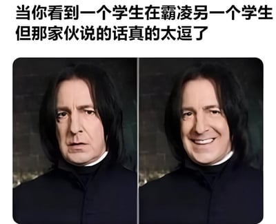 图片上方有黑色文字：'当你看到一个学生在霸凌另一个学生但那家伙说的话真的太逗了'。下方是两张并排的西弗勒斯·斯内普照片对比，左侧是他标志性的严肃皱眉表情，右侧则是被P上去的咧嘴微笑表情，形成强烈反差。