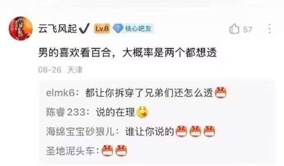 这是一张社交媒体评论截图，显示用户"云飞风起"发布了一条关于男性观看百合内容的争议性评论，引发了其他用户的互动回复。评论区氛围以调侃和戏谑为主，包含多个用户的简短回应和表情符号。