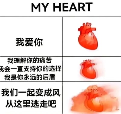 这是一张展示情感逐渐变化的图文混排图片，上方有英文标题"MY HEART"。图片分为三行两列的网格布局，左侧为中文文字，右侧为心脏图示。第一行文字为"我爱你"，对应完整的红色心脏；第二行文字为"我理解你的痛苦 我会一直支持你的选择 我是你永远的后盾"，对应略微模糊的心脏；第三行文字为"我们一起变成风 从这里逃走吧"，对应明显破碎、扩散的心脏，呈现出情感从深情到绝望的变化过程。