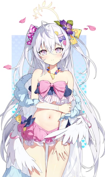 这是一幅清新甜美的二次元风格插画，画面核心是一位银白色长发的天使系少女：她头顶带有叶片装饰的暖黄色光环，背后生有洁白羽翼，发间点缀着花朵、柠檬片、蓝莓等元素，身着粉蓝配色的荷叶边泳装，胸前和腰侧的大蝴蝶结增添了可爱感。少女双臂环抱在身前，眼神带着羞涩，背景是浅蓝爱心图案的矩形框，粉色花瓣从画面飘落，整体充满夏日清新氛围，细节丰富，色彩明快。