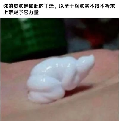 这是一张充满生活趣味的搞笑梗图，画面中挤在人手上的润肤露因形态巧合，呈现出类似跪地祈祷的拟人化姿势，上方配文‘你的皮肤是如此的干燥，以至于润肤露不得不祈求上帝赐予它力量’，以夸张、幽默的拟人化手法，吐槽皮肤极度干燥的状况，仿佛润肤露都需要‘借助神力’才能完成滋润皮肤的任务，通过视觉巧合与趣味文案的结合，将日常护肤中的小困扰放大成搞笑的笑点，引发有类似皮肤干燥困扰的人的共鸣。