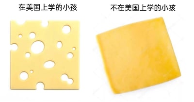 这是一张左右分栏的对比类网络梗图，左侧展示了一块带有大量不规则孔洞的瑞士干酪，上方配有文字“在美国上学的小孩”；右侧展示了一块表面平整、没有孔洞的芝士片，上方配有文字“不在美国上学的小孩”。图片利用“芝士（知识）”的谐音，将芝士的孔洞对应“知识漏洞”，以此幽默调侃美国教育体系下的孩子知识体系存在较多缺失，而其他地区的孩子知识掌握更完整扎实，通过食物特征与教育特点的关联制造反差笑点，是对不同地区教育模式差异的趣味化表达。