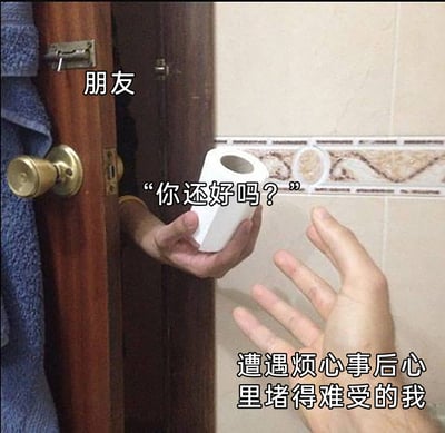 这是一张用来表达负面情绪的搞笑梗图，场景设定在卫生间：朋友从门缝里递出一个空的卫生纸筒，同时关切地询问“你还好吗？”；而遭遇烦心事、内心堵得难受的“我”伸出手，呈现出情绪低落、难以被安慰的状态。图中用空卫生纸筒这个细节，幽默地具象化了“我”内心的空洞与烦闷，即使朋友的安慰也难以缓解这种情绪，用荒诞又贴切的方式调侃了人在情绪低谷时的无力感，让人在会心一笑中找到情绪共鸣。